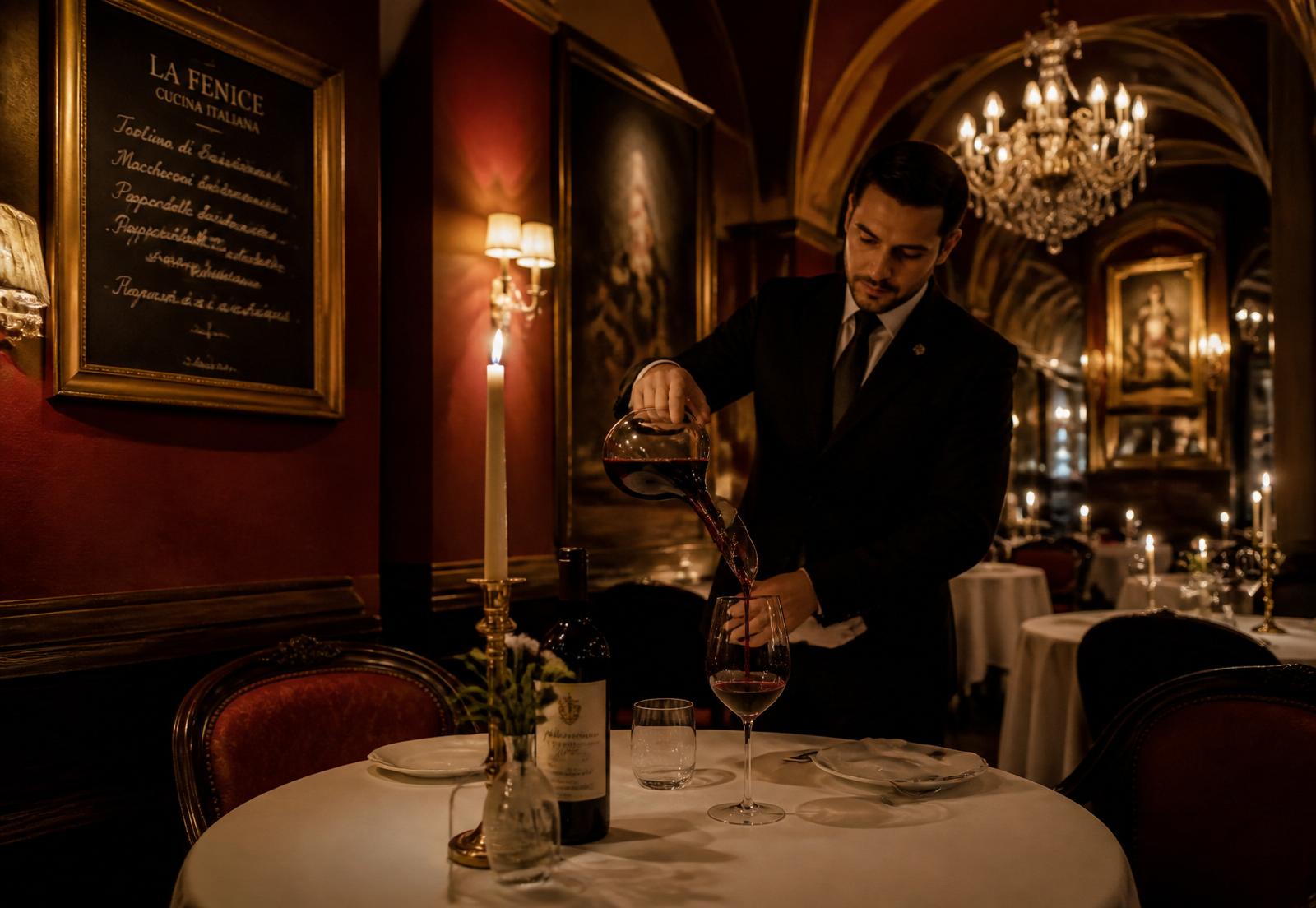 Sommelier pouring wine at La Fenice