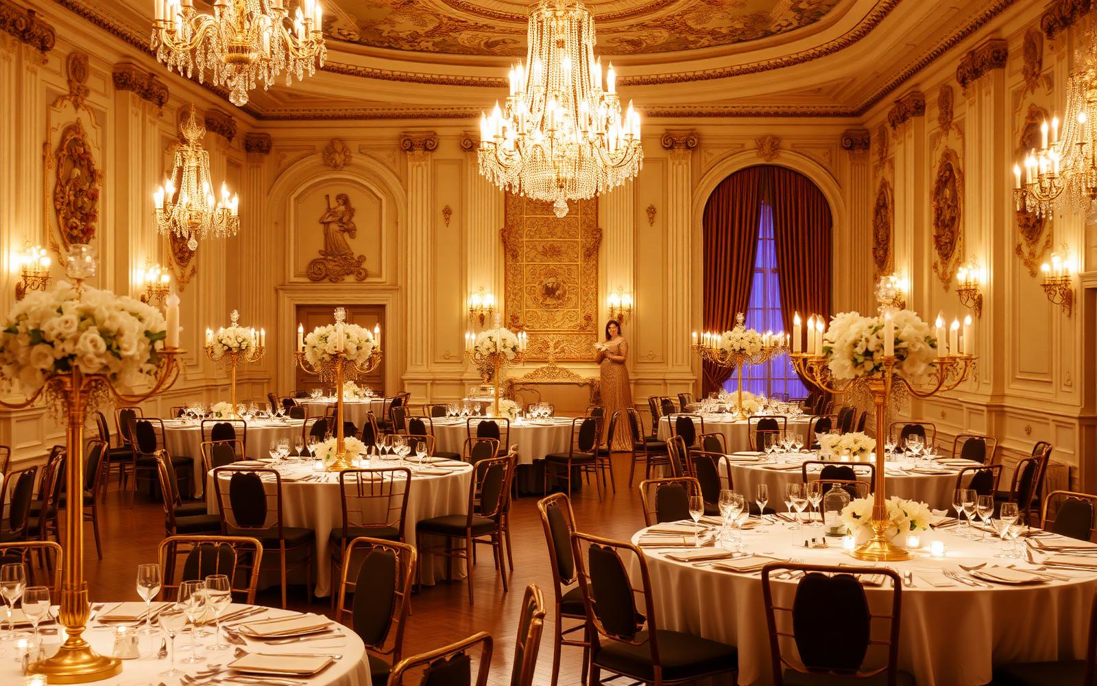 Grand ballroom prepared for a luxury wedding