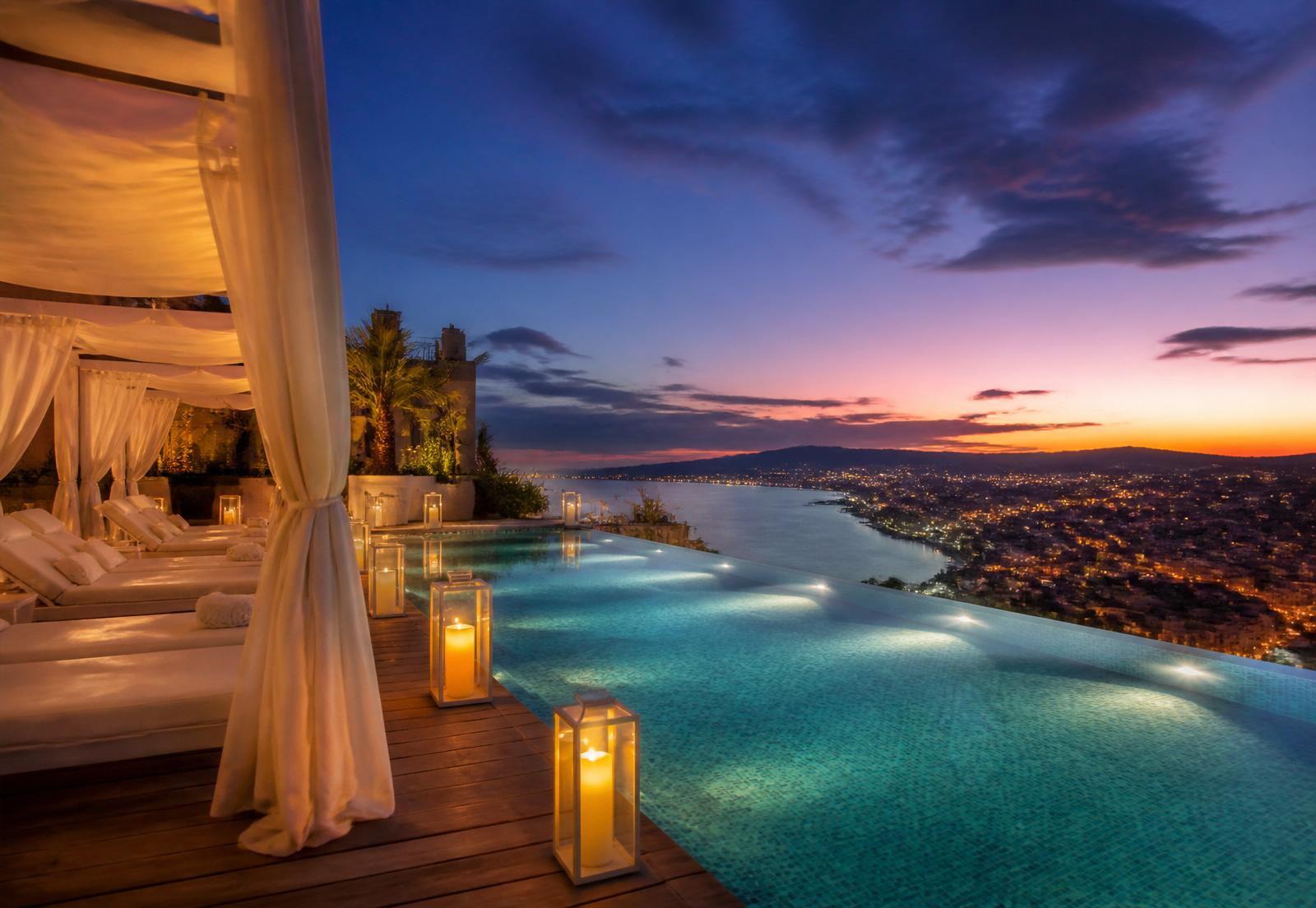 Rooftop infinity pool at twilight overlooking Genova