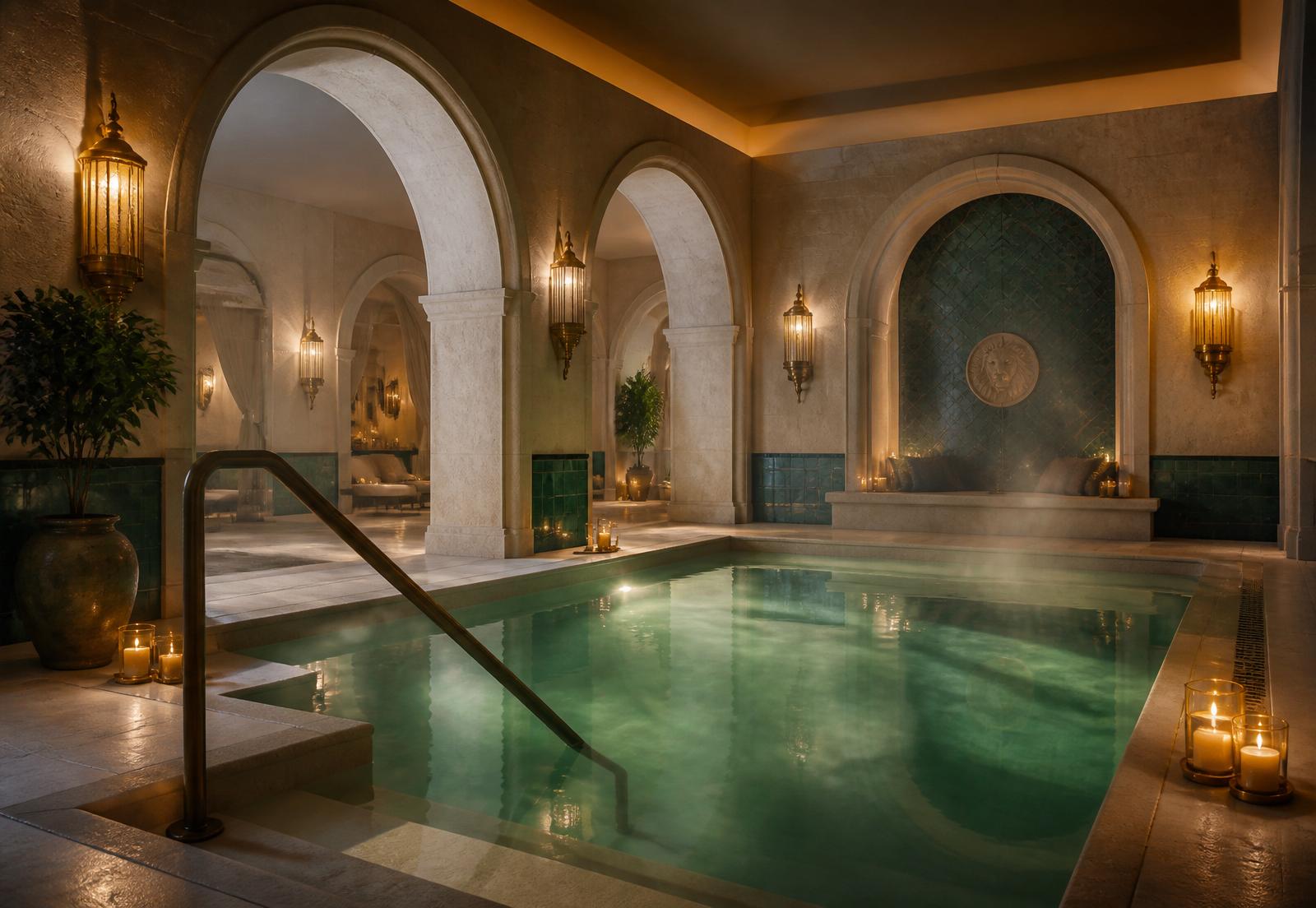 Candlelit spa pool with arched Roman architecture